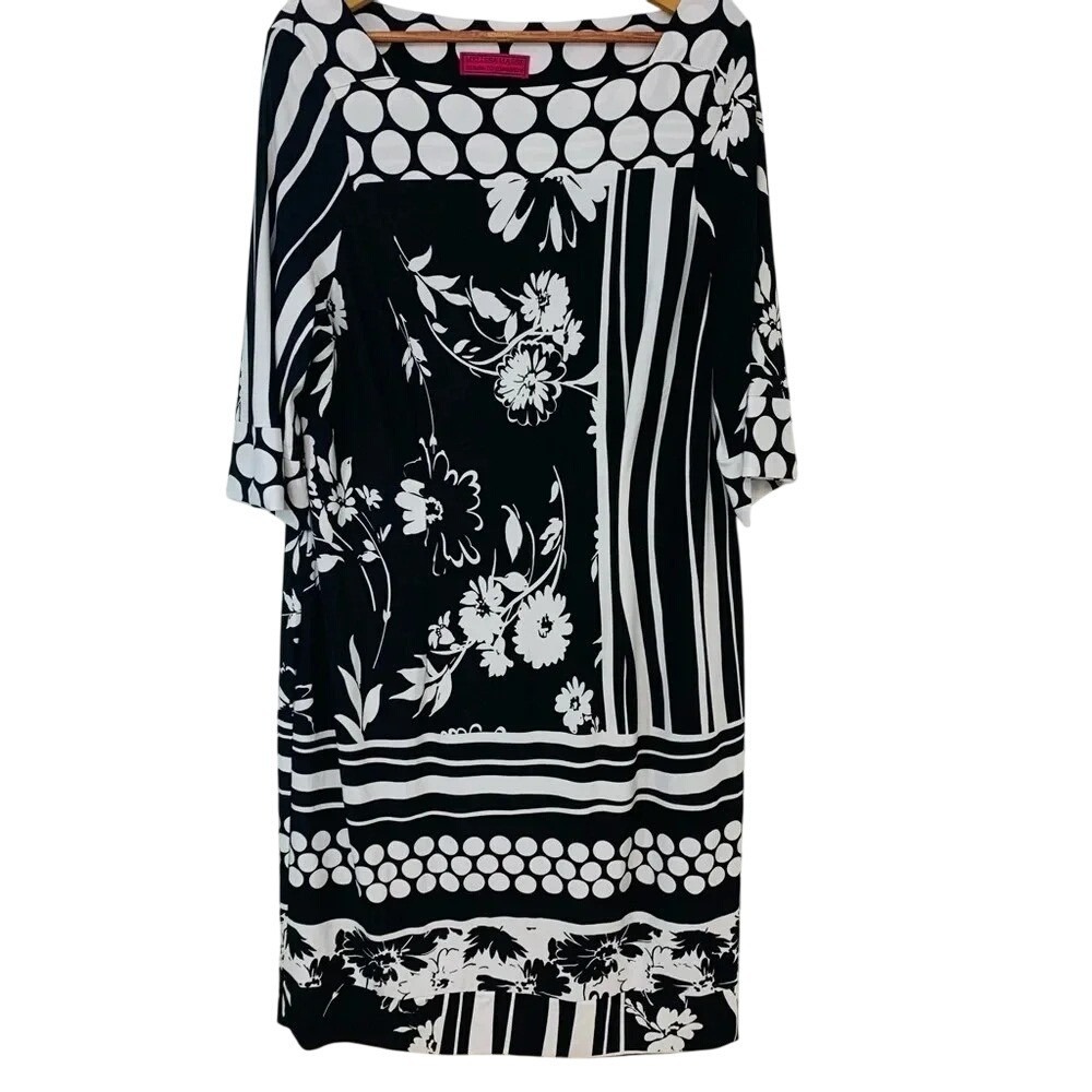 Melissa Masse Black White Floral Polka Dot Mixed‎ Print Sheath Dress Stretch 1X